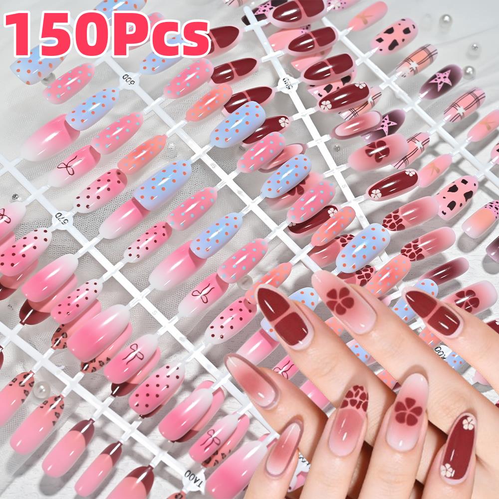 Nail Art Leopard - 150 قطعة أظافر صناعية وردية زرقاء
