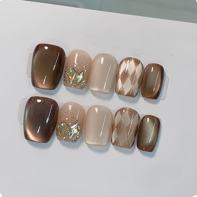 Nail Art Cat Eye - 10 قطع أظافر صناعية يدوية الصنع