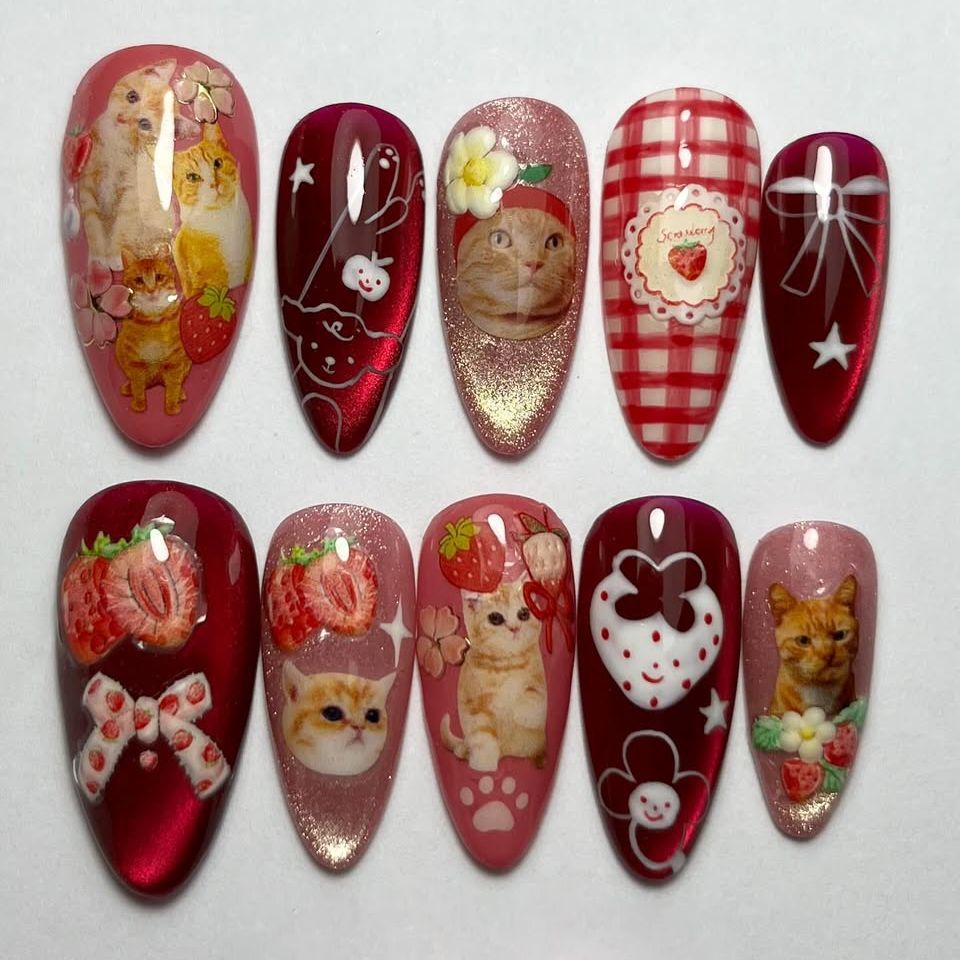 Nail Art Cat Eye - 24 قطعة عين القط الفراولة اضغط